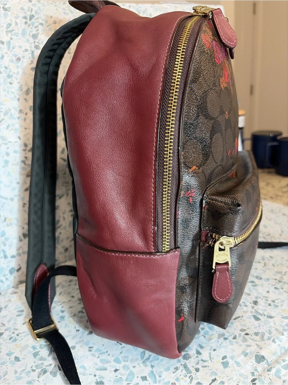 Coach F38049 Prairie Floral Signature Canvas Backpack Burgundy Leather - Picture 6 of 13
